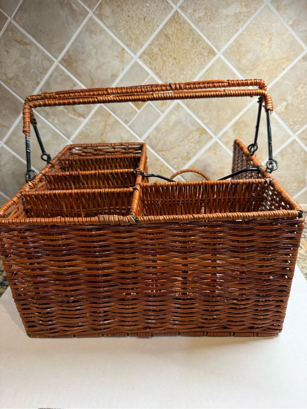 Wicker Basket Caddy / Organizer for Picnic or Tabletop with 7 Compartments